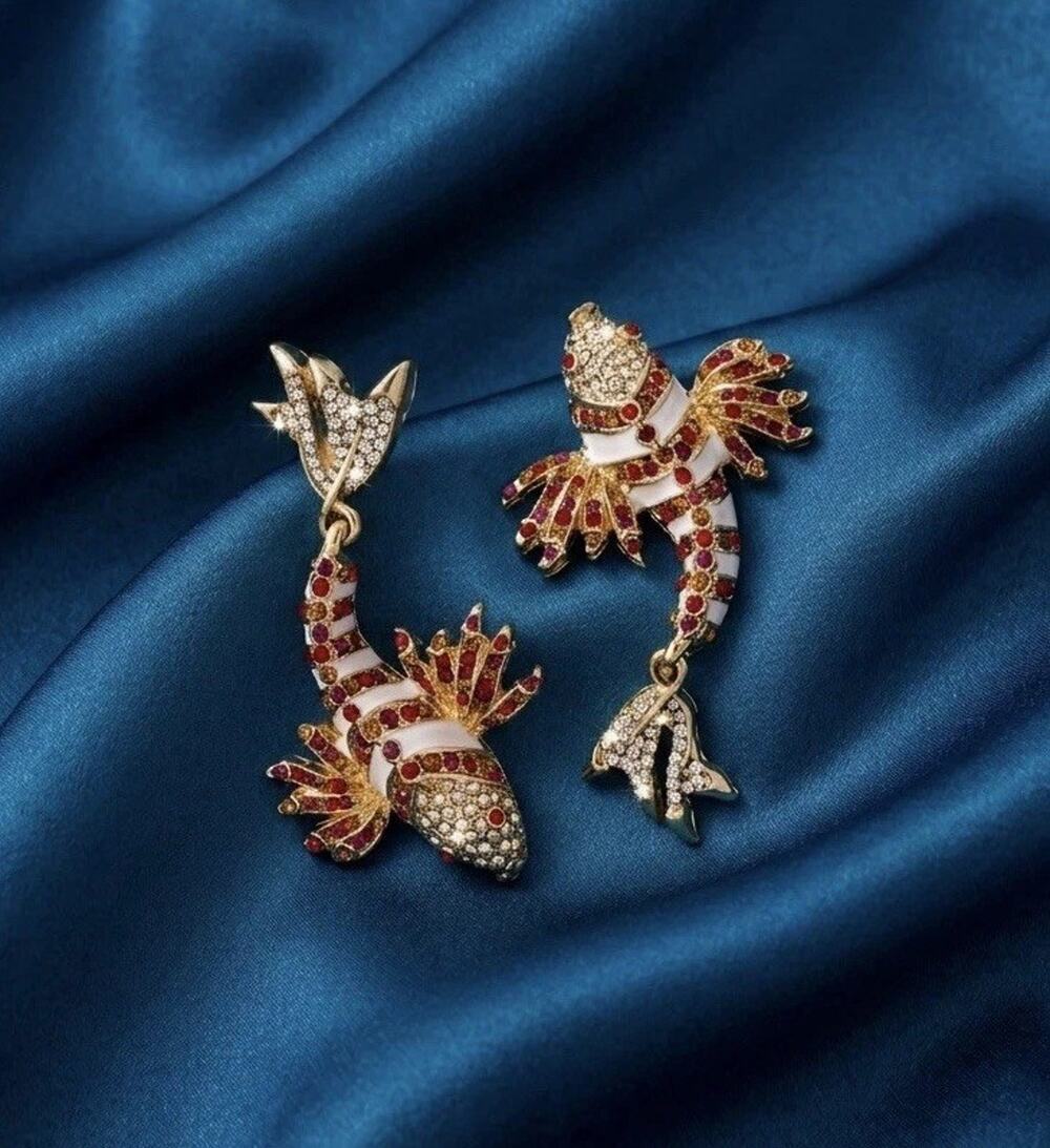 Antique Fish Museum Earrings Chinese Cloisonné Mismatch Crystal Stud CZ VTG Boho